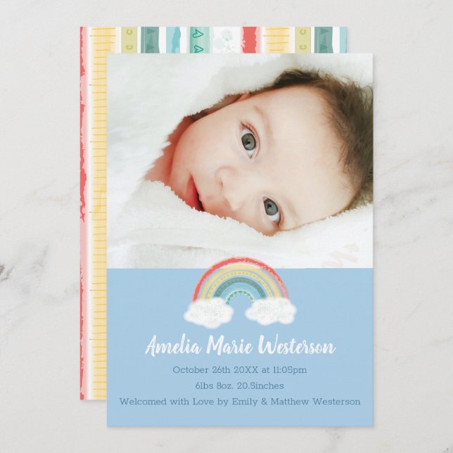 Invitation Rainbow Baby shower Blue Boy (Devant / Derrière)