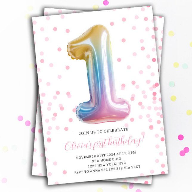 Invitation Rainbow Balloon 1st Birthday Girl Party Numéro (Rainbow Balloon 1st Birthday Party Invitation)