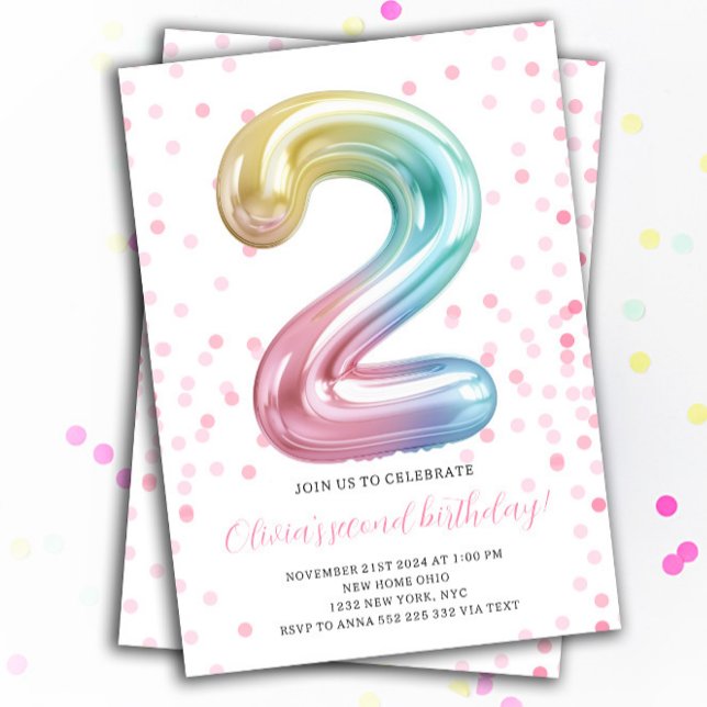Invitation Rainbow Balloon 2nd Birthday Girl Party Numéro (2nd Rainbow Balloon Girl Birthday Invitation)