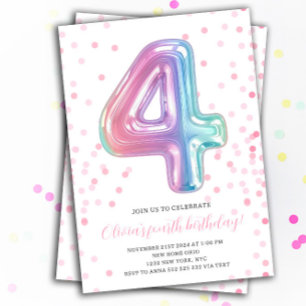 Invitation Rainbow Balloon 4th Birthday Girl Party Numéro