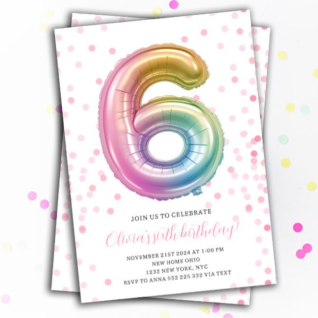 Invitation Rainbow Balloon 6th Birthday Girl Party Numéro (6th Rainbow Balloon Number Girl party Birthday Invitations)