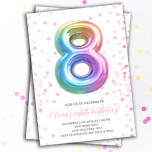 Invitation Rainbow Balloon 8th Birthday Girl Party Numéro