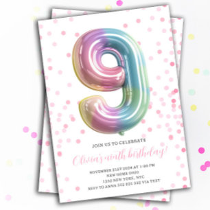 Invitation Rainbow Balloon 9th Birthday Girl Party Numéro