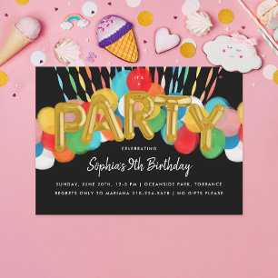 Invitation Rainbow Balloons Anniversaire de enfant Party Blac
