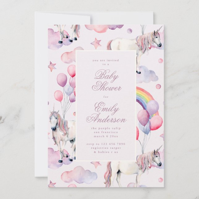 Invitation Rainbow Balloons Unicorn Baby shower Party Girl (Devant)
