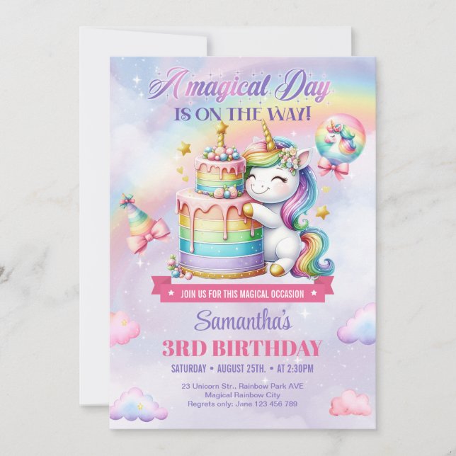 Invitation Rainbow Balloons Unicorn Rose filles troisième ann (Devant)