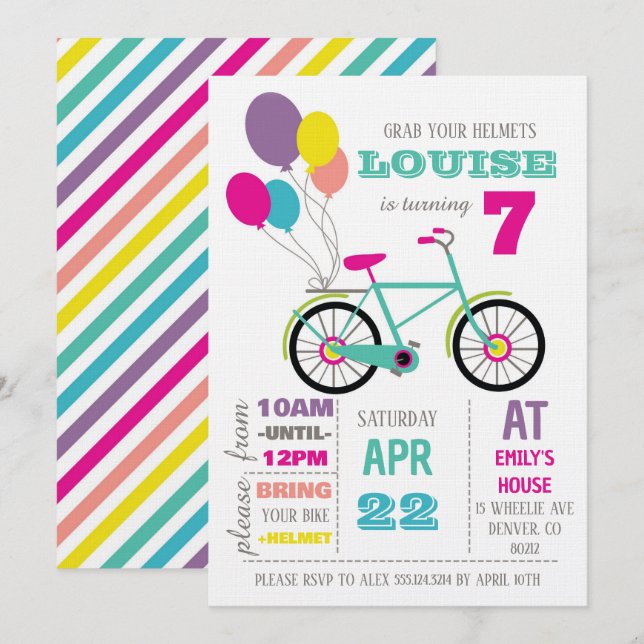 Invitation Rainbow Bicycle Birthday Party (Devant / Derrière)