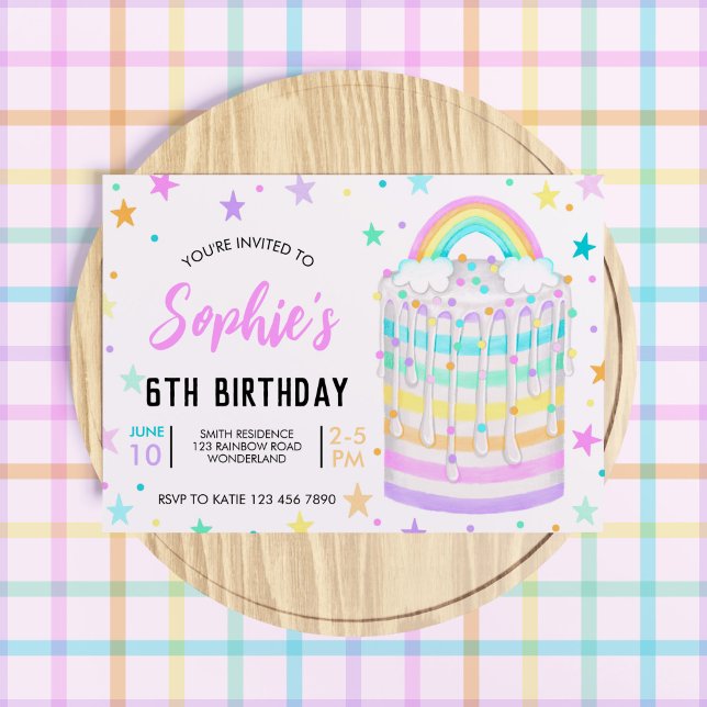 Invitation Rainbow Birthday Party for Girls 6th Birthday (Girls' Rainbow Cake Birthday Invitation)