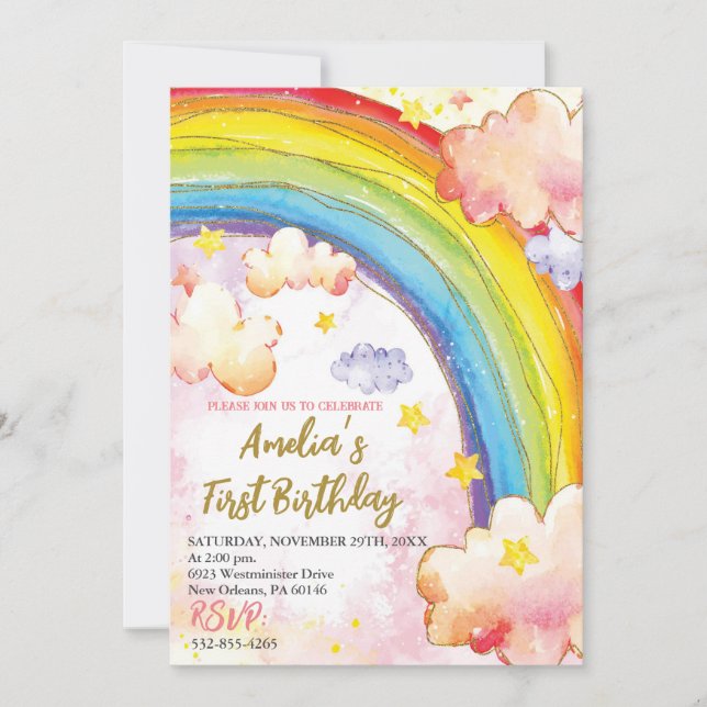 Invitation Rainbow Birthday Party Invitation, Girls Birthday (Devant)