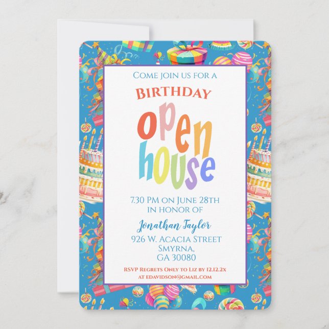 Invitation Rainbow Birthday Party Open House (Devant)