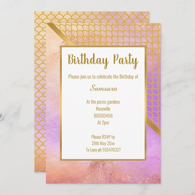 INVITATION RAINBOW BLUR GOLD MERMAID ÉCHELLE ANNIVERSAIRE (Devant / Derrière)