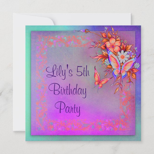 Invitation Rainbow Butterfly Girls 5th Birthday Party (Devant)