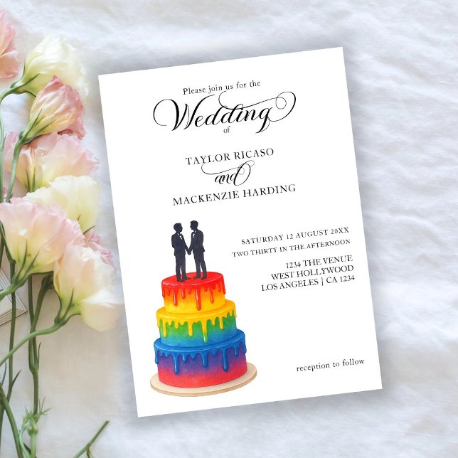 Invitation Rainbow cake et élégant script gay mariage (Rainbow cake and elegant script gay wedding invitation by Ricaso. Exclusive to Zazzle.)