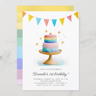 Invitation Rainbow Cake et Stars Premier anniversaire