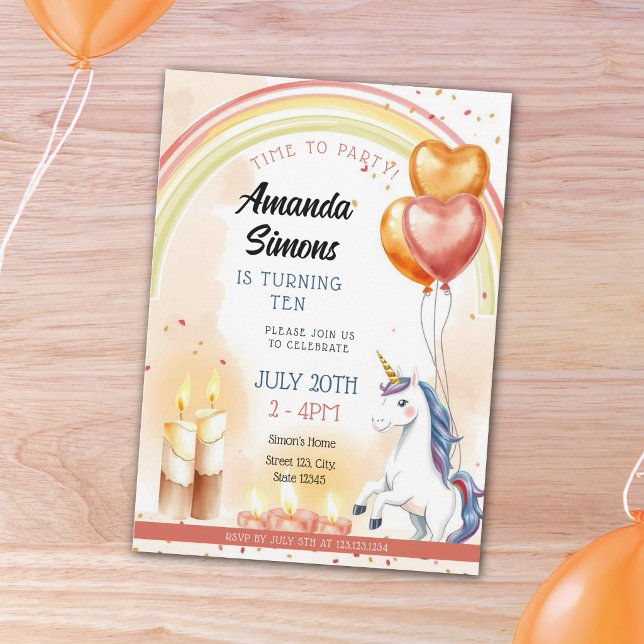 Invitation Rainbow Candle Unicorn Heart Girl 10th Birthday (Créateur téléchargé)