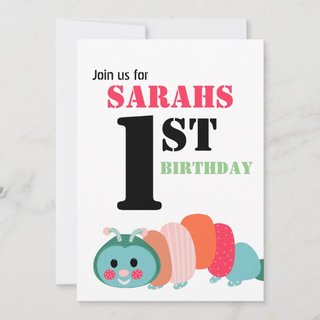 Invitation Rainbow Caterpillar Cute Premier anniversaire (Devant)