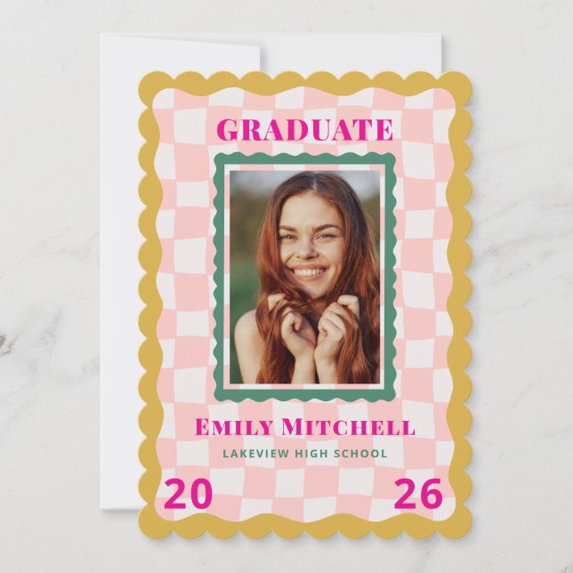 Invitation Rainbow Checkered Grad Announcement with Photo (Devant)