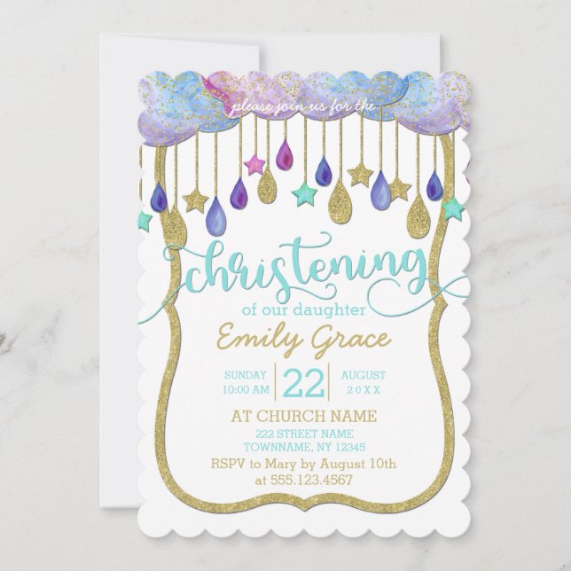 Invitation Rainbow Cloud Gold Parties scintillant Christening (Devant)