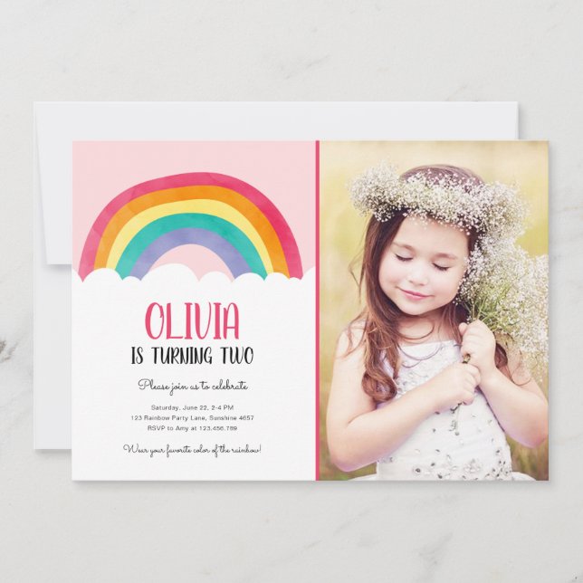 Invitation Rainbow Clouds Rose Girl Amusant Anniversaire Invi (Devant)