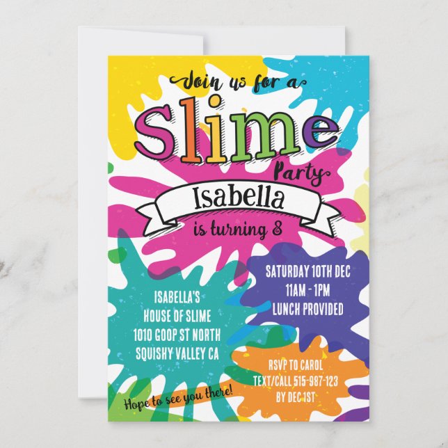 Invitation Rainbow Colorée Slime fête d'anniversaire (Devant)