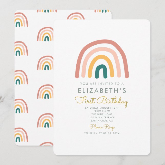 Invitation Rainbow Colorful Baby 1er anniversaire (Devant / Derrière)