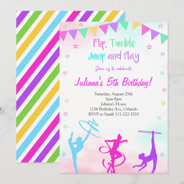 Invitation Rainbow Colorful Girls Gymnastic Anniversaire Invi (Devant / Derrière)