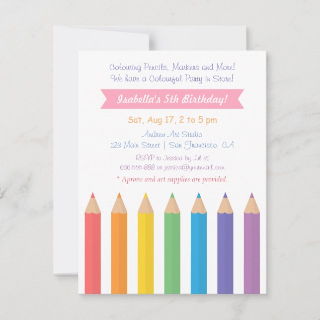 Invitation Rainbow Coloring Pencils Arts Anniversaire de enfa (Devant)