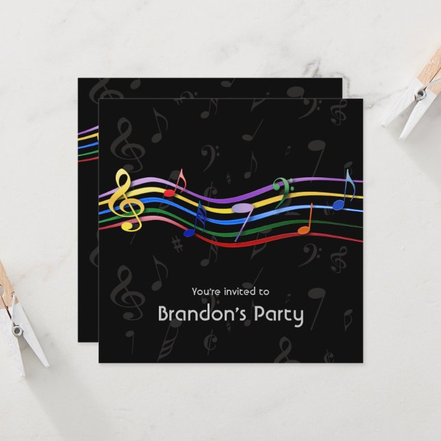 Invitation Rainbow Colour Music Notes Anniversaire (Devant/Arrière en situation)