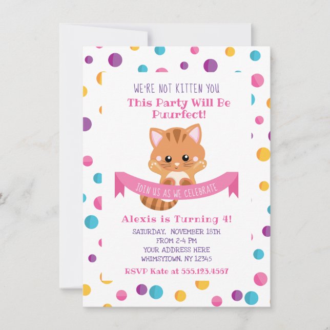 Invitation Rainbow Confetti Cute Kitty Chat Anniversaire (Devant)