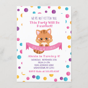 Invitation Rainbow Confetti Cute Kitty Chat Anniversaire
