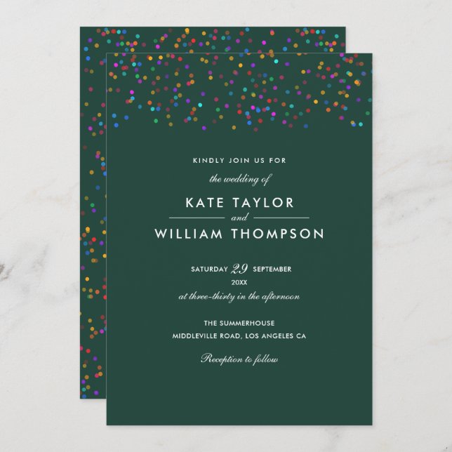 Invitation Rainbow Confetti Emerald Mariage vert (Devant / Derrière)