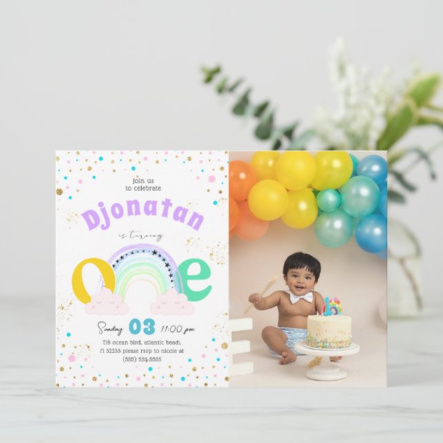 Invitation Rainbow Confetti Premier Anniversaire Photo Invita (Debout devant)