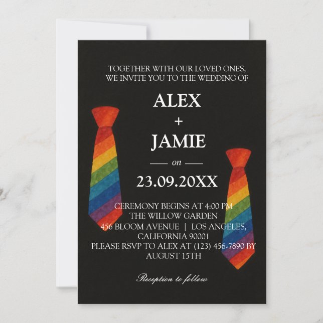 Invitation Rainbow Cravate Gay Couple moderne Black Mariage (Devant)