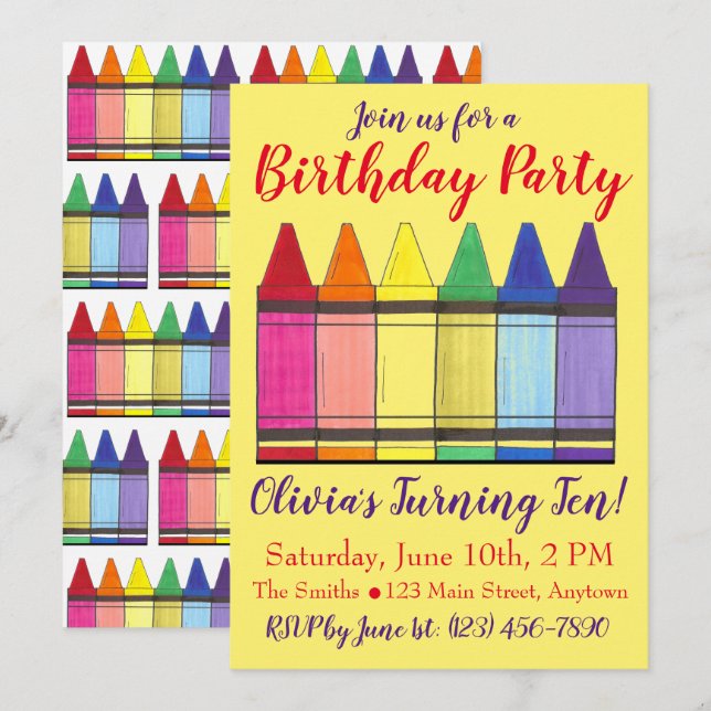 Invitation Rainbow Crayons Artist Art Fête d'anniversaire pou (Devant / Derrière)