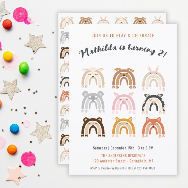 Invitation Rainbow Cute Animaux Anniversaire de enfant Party (Rainbow Cute Animals Kids Birthday Party Invitation)