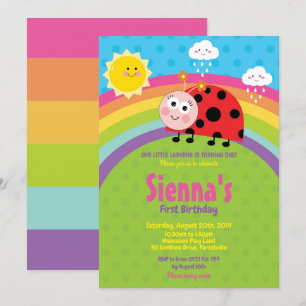 Invitation Rainbow Cute Ladybug 1er Anniversaire Fille de fêt