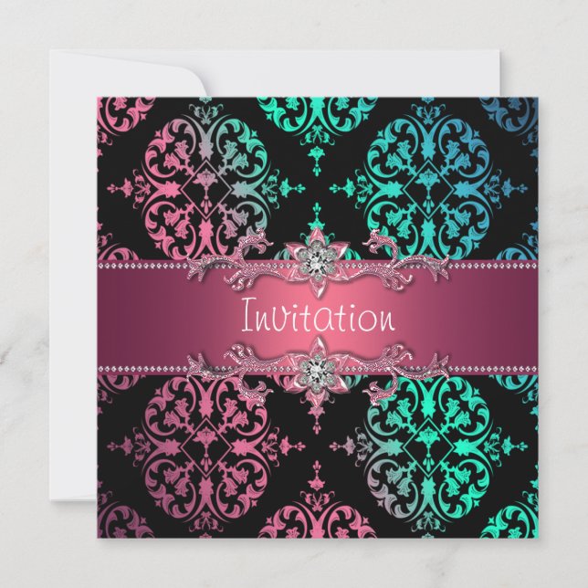 Invitation Rainbow Damask Black Party (Devant)
