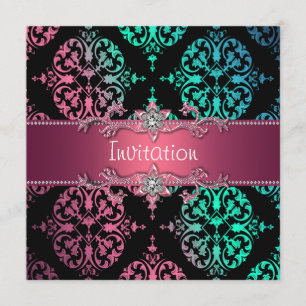Invitation Rainbow Damask Black Party