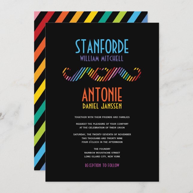 Invitation Rainbow Double Mustaches Simple Modern Gay Mariage (Devant / Derrière)