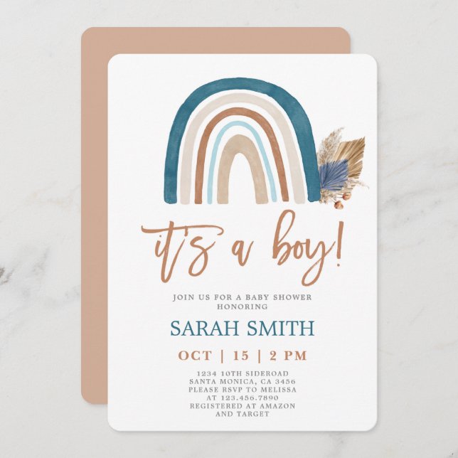 Invitation Rainbow Dusty Baby shower bleu boho garçon (Devant / Derrière)