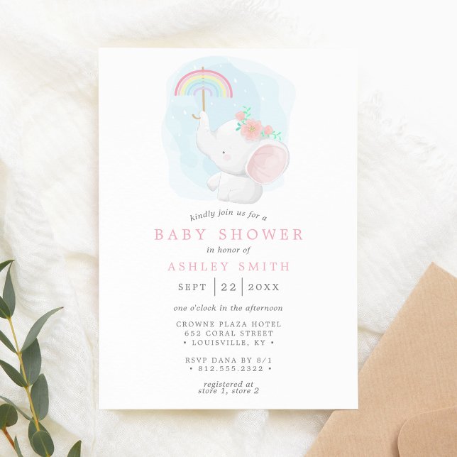 Invitation Rainbow Elephant Aquarelle Baby shower fille (Créateur téléchargé)