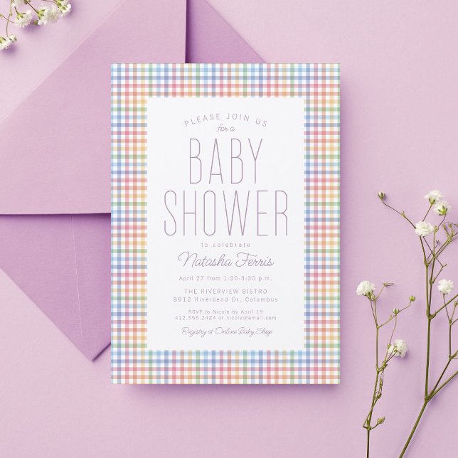 Invitation Rainbow en vichy plaid mignon baby shower pastel (Créateur téléchargé)