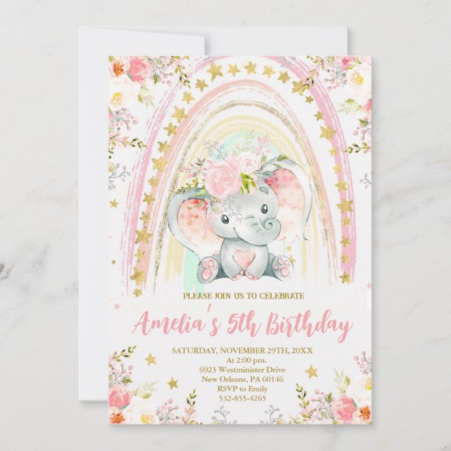 Invitation Rainbow et Elephant Anniversaire (Devant)