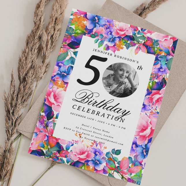 Invitation Rainbow Floral Garden Photo 50th Birthday Party (Rainbow Floral Garden Photo 50th Birthday Party Invitation)