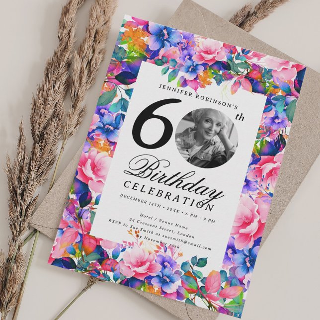 Invitation Rainbow Floral Garden Photo 60th Birthday Party (Rainbow Floral Garden Photo 60th Birthday Party Invitation)
