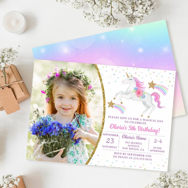 Invitation Rainbow Floral Magique Unicorn Girl Birthday Photo (Créateur téléchargé)