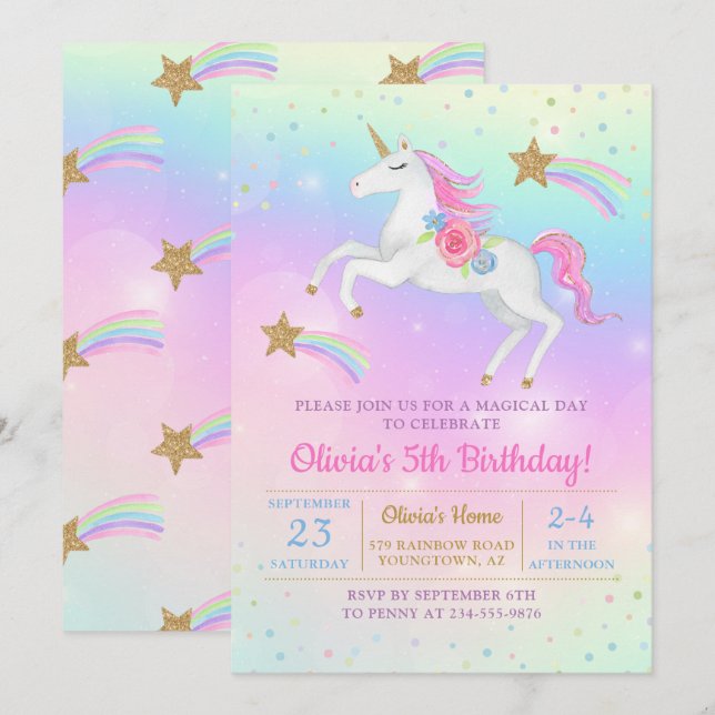 Invitation Rainbow Floral Magique Unicorn Girls Anniversaire (Devant / Derrière)