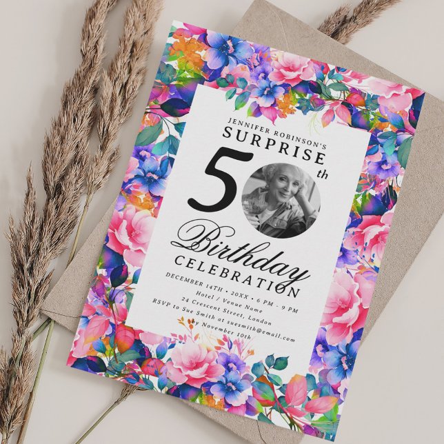 Invitation Rainbow Floral Photo SURPRISE 50e anniversaire (Rainbow Floral Photo SURPRISE 50th Birthday Invitation)