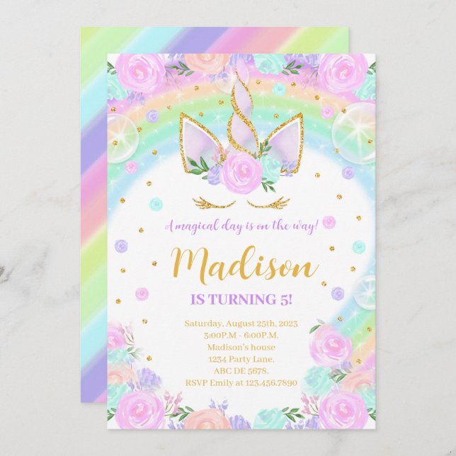 Invitation Rainbow Floral Unicorn Anniversaire (Devant / Derrière)