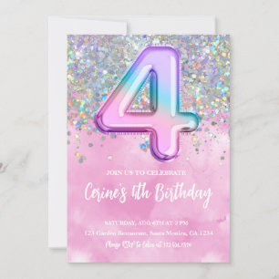 Invitation Rainbow Foil Girl 4e anniversaire